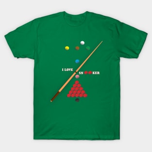 I Love Snooker design showing Snooker Balls arranged as on table. T-Shirt